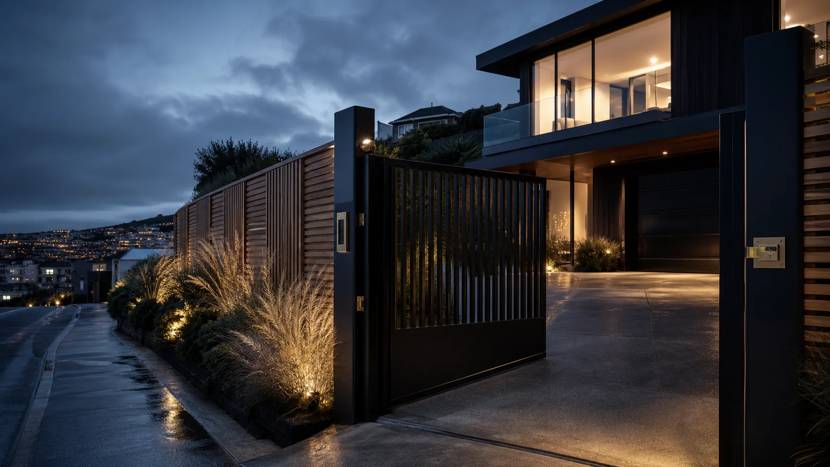 Luxury Wellington home with an automated steel security gate at dusk