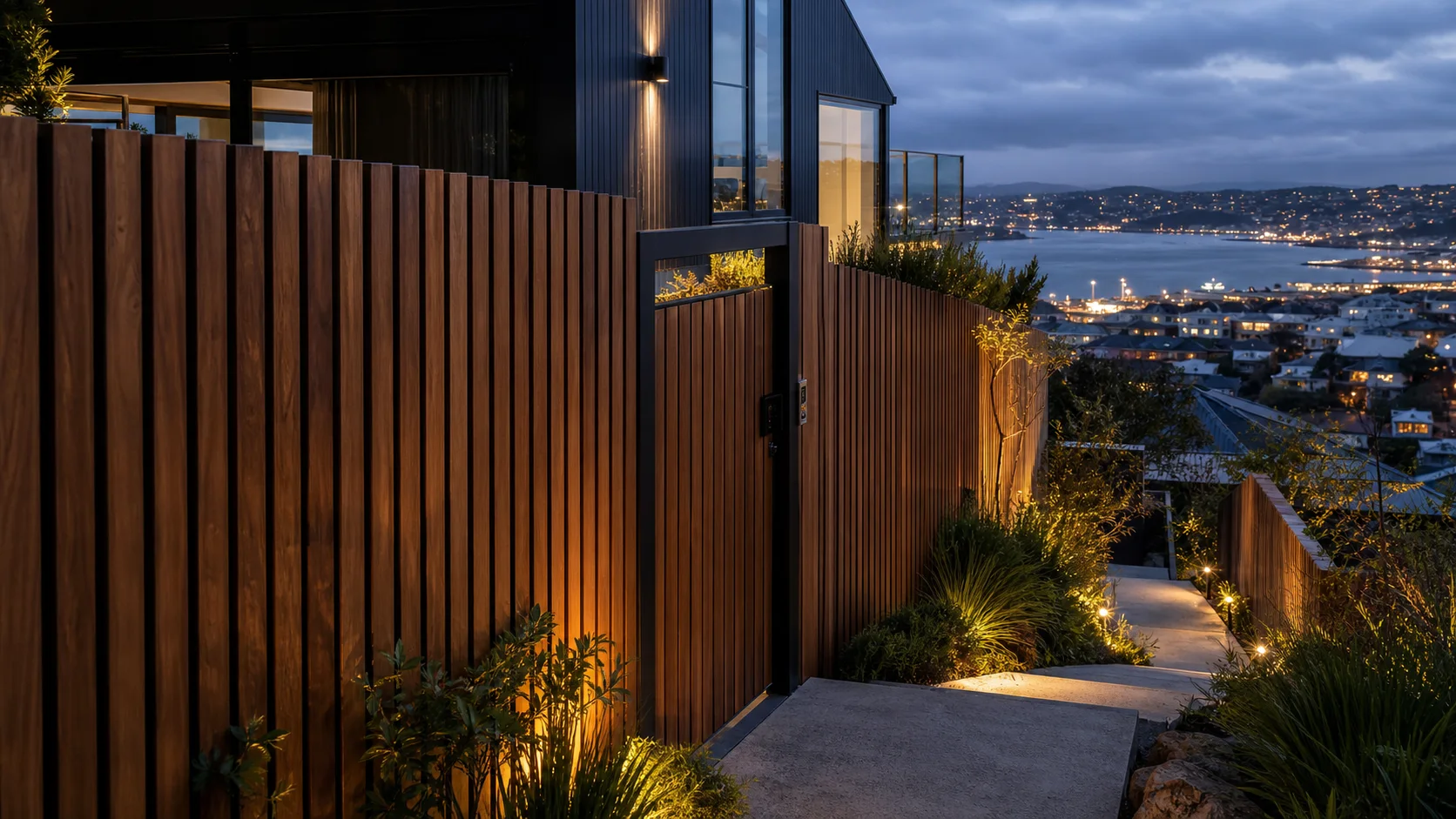 Vertical cedar wooden fence at a Wellington home