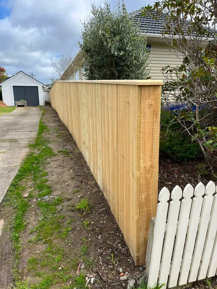Capped timber fence running along a Wellington driveway